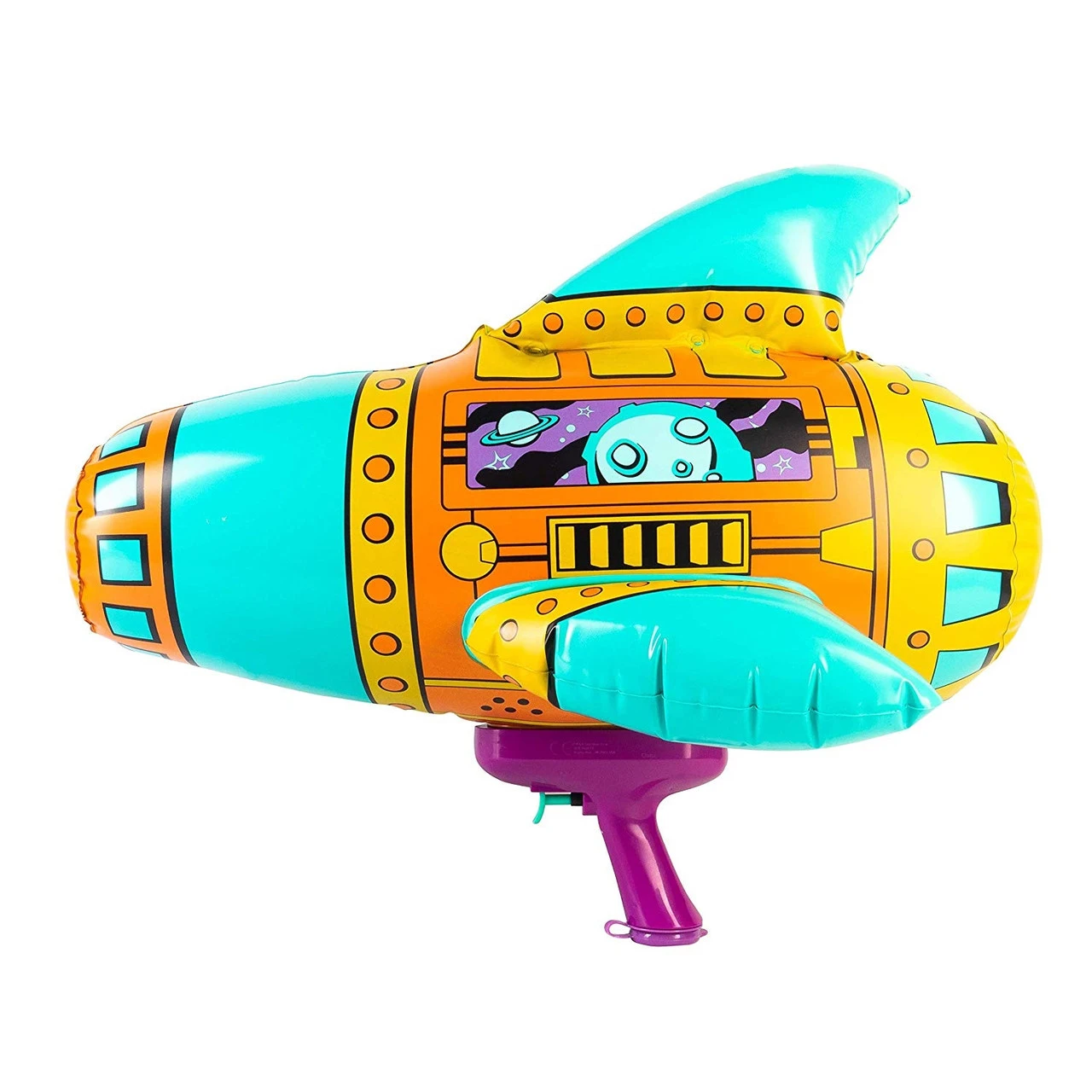 20" Teal, Orange And Purple Inflatable Spaceship Water Blaster 1 20" Teal, Orange And Purple Inflatable Spaceship Water Blaster