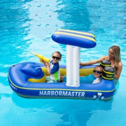 67" Blue And Yellow Harbor Master Patrol Boat With Pump Squirter Swimming Pool Float -Aqua Play Land Zone swimline 90754 3 99994.1687482380